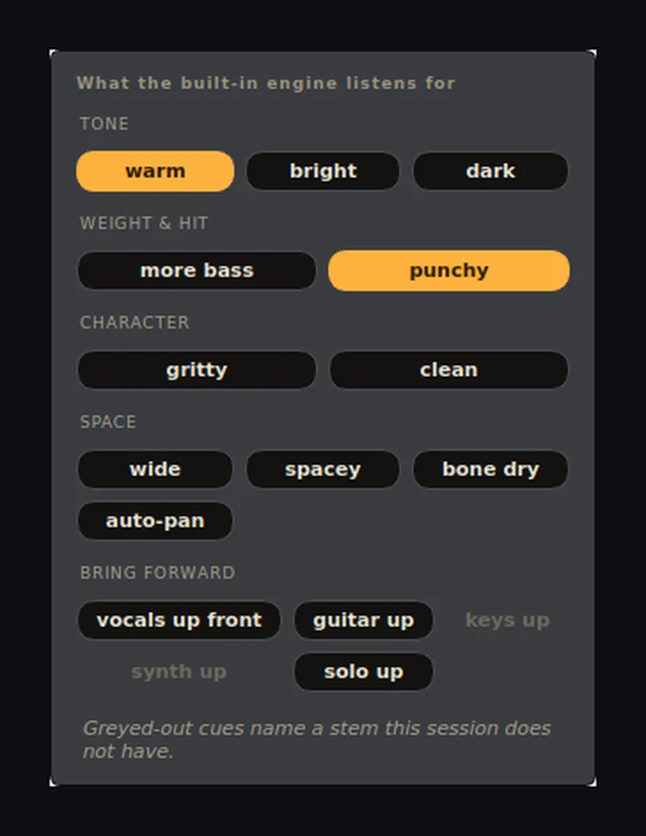 The StemMaster cue palette: sixteen direction cues grouped
             under Tone, Weight and hit, Character, Space and Bring
             forward. The warm and punchy cues are lit because the
             Direction box already says warm and punchy; keys up and
             synth up are greyed out because the session has no keys or
             synth stem.