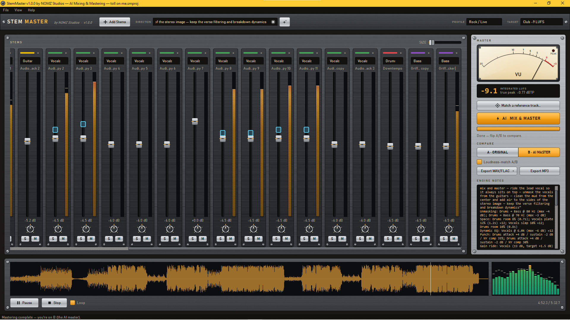 The StemMaster console right after an AI master: 22 channel strips with live meters, cyan automation needles riding the vocal faders, the VU meter at 0 for a −9 LUFS club master, and the Engine Notes panel explaining every decision.