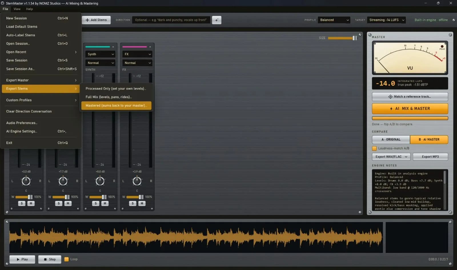 File -> Export Stems, showing the two modes added in 1.0.8.